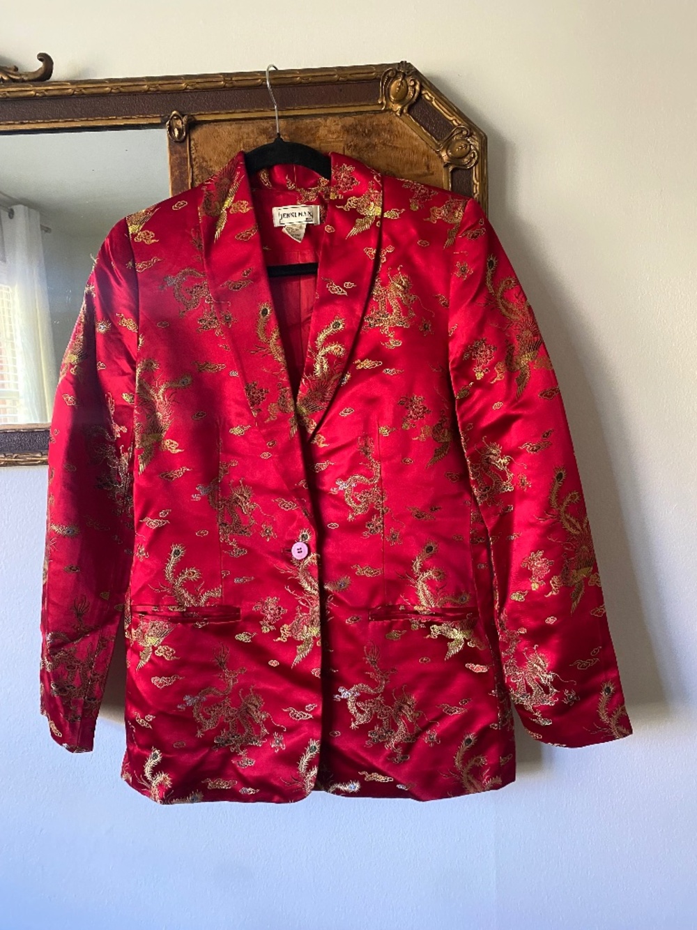 Vintage 1990s Red Chinese Silk Blend Embroidered Dragon Blazer Size 6